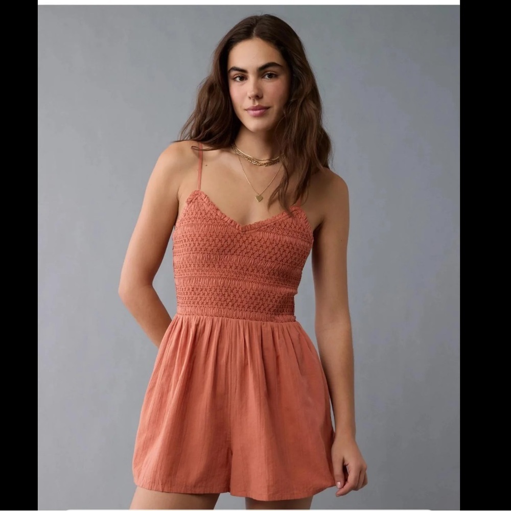 American Eagle Textured Smocked V-Neck Romper